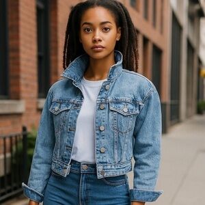 H&M Divided Women’s Blue Denim Jacket Small Stone Wash Cropped 100% Cotton
